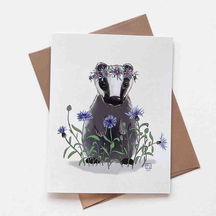 Badger With Flowers Greeting Card for wholesale by True North Creations