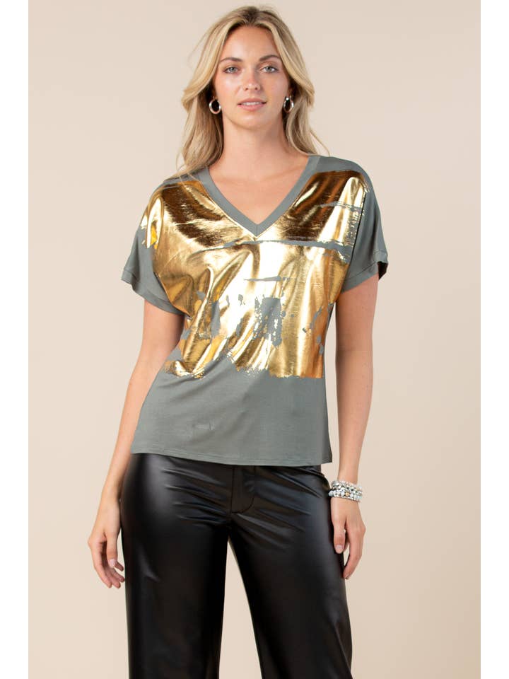Nylon Apparel - Wholesale Blouse - Women's - T1639-Carmella-Solid Foil V Neck Short Sleeves Top5