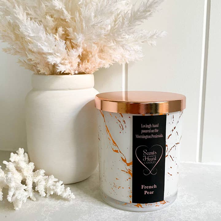 Scents From The Heart Candles - Wholesale Novelty Candle - French Pear Rose Gold Marble Candle 300g