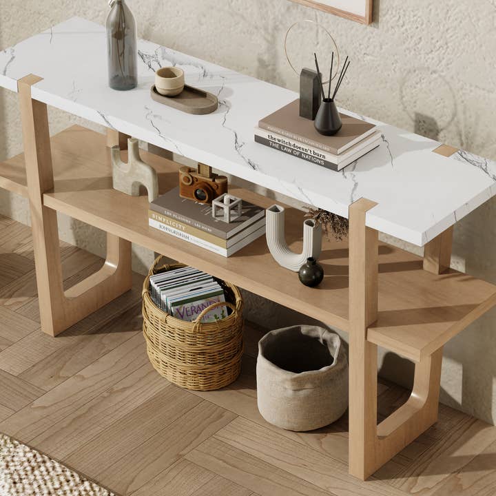 Orange County Decor - Wholesale Console Table - Retro Elegant Console Table With Marble Effect Top And Versatile Storage Solutions For Entryway And Living Room Natural Natural Solid Wood Mdf5