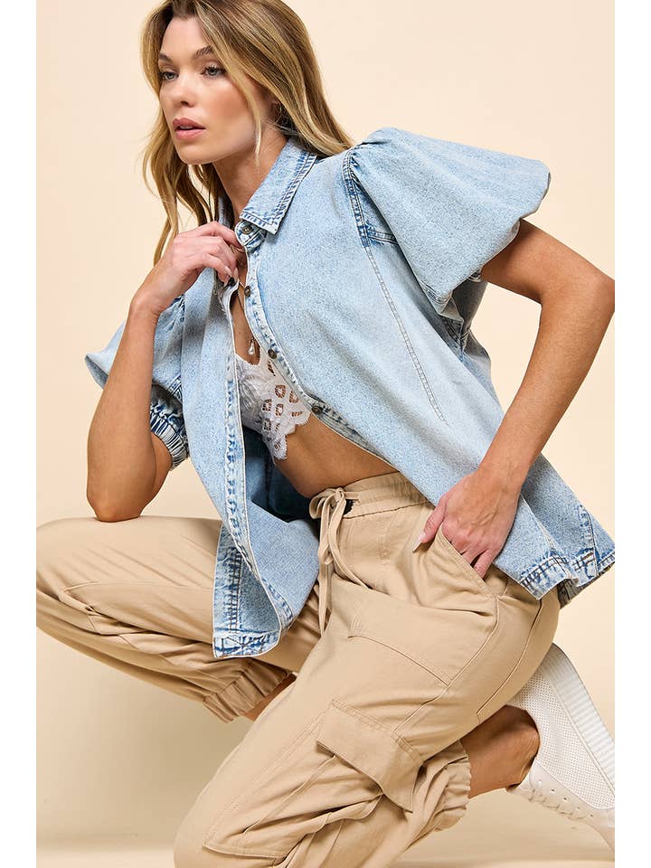 Light Blue Button Down Denim Top for wholesale on Faire1