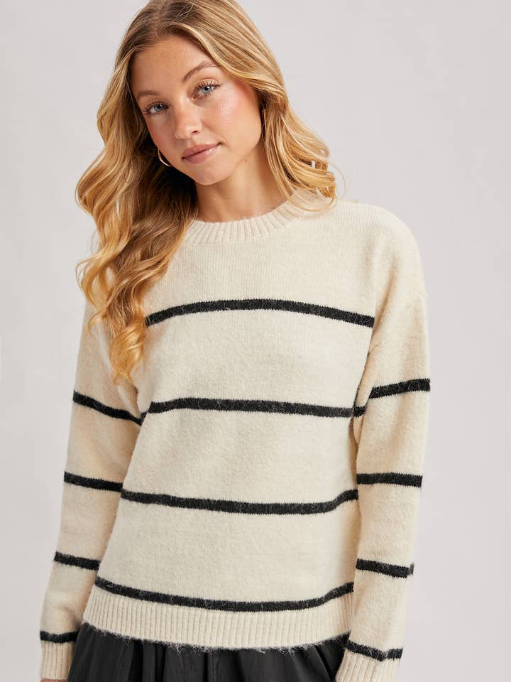 STRIPED FUZZY KNIT SWEATER for wholesale by Bluivy