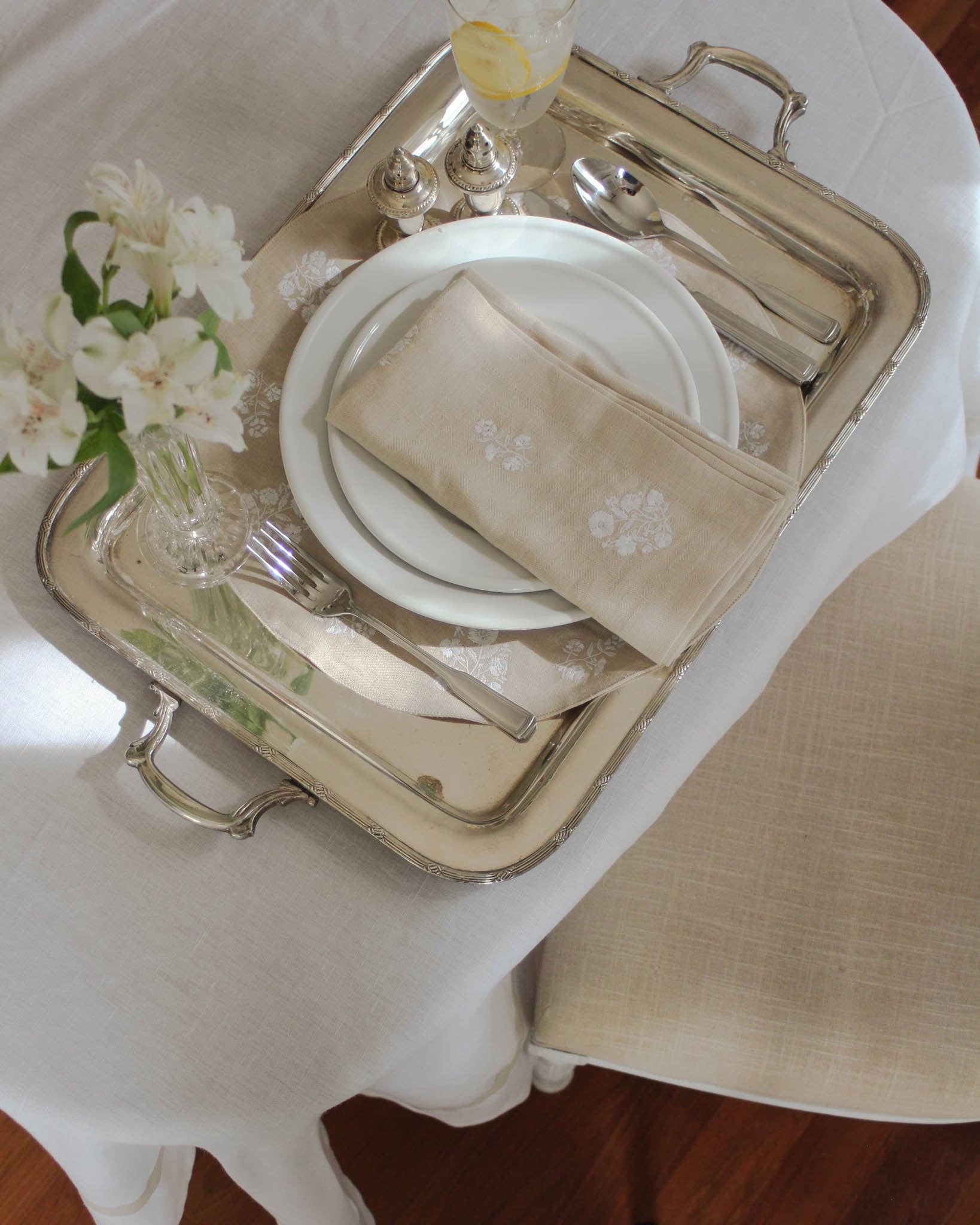 Natural White Embroidered Dinner Napkins in Linen Cotton, Set of Four for wholesale on Faire3