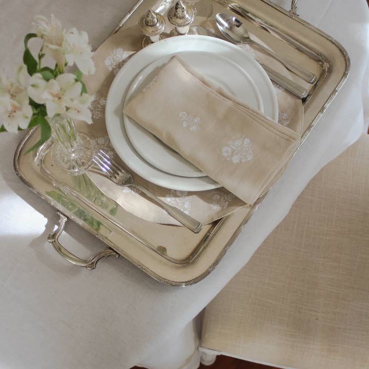 Natural White Embroidered Dinner Napkins in Linen Cotton, Set of Four for wholesale on Faire3