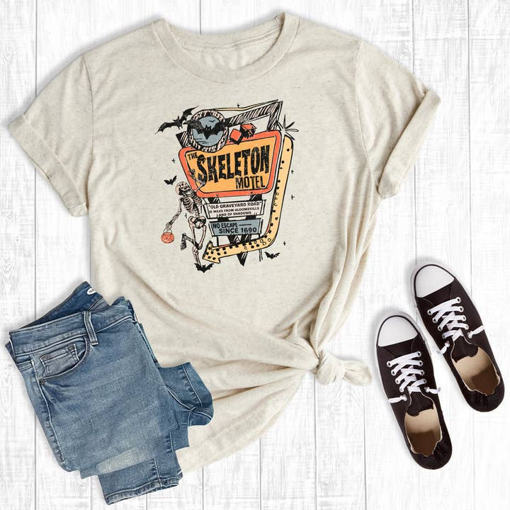 Retro Halloween The Skeleton Motel Graphic Tee for wholesale by The Way Down South