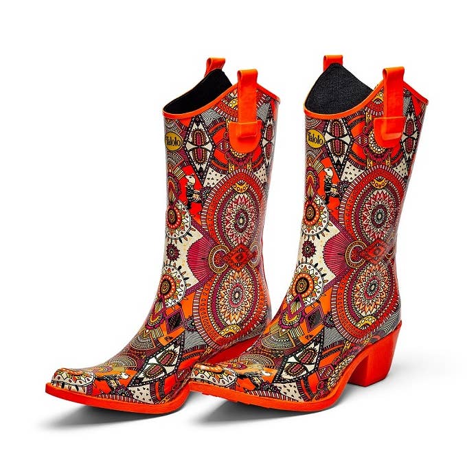 Aztec Funk - Bright Orange Cowboy style welly boots for wholesale by Talolo Boots