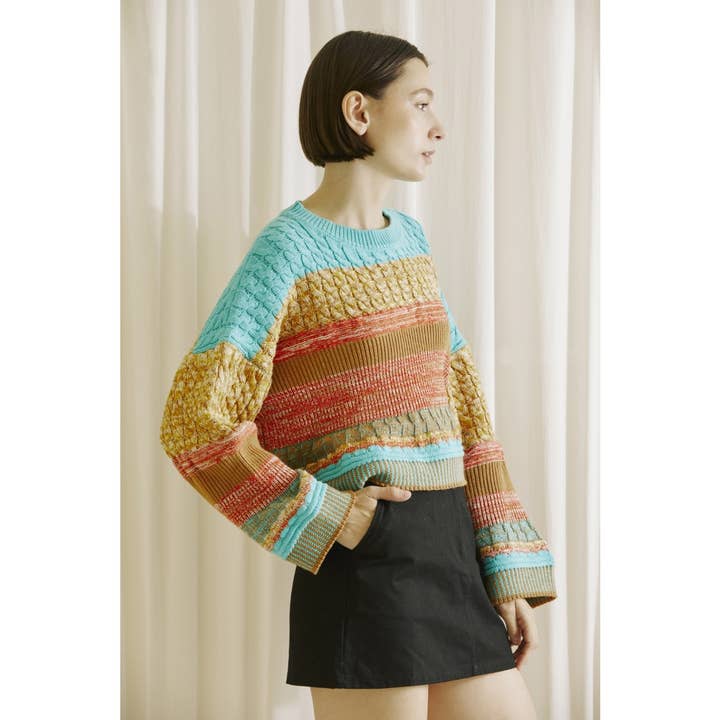 HT1838- MULTI COLOR BLOCK PATTERN KNIT SWEATER for wholesale on Faire