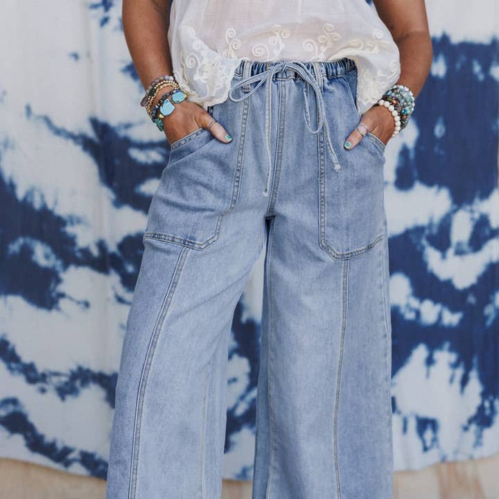 Pantalones vaqueros de pierna ancha con cordón, costura detallada y dobladillo sin rematar. para venta al por mayor de EmberLoom
