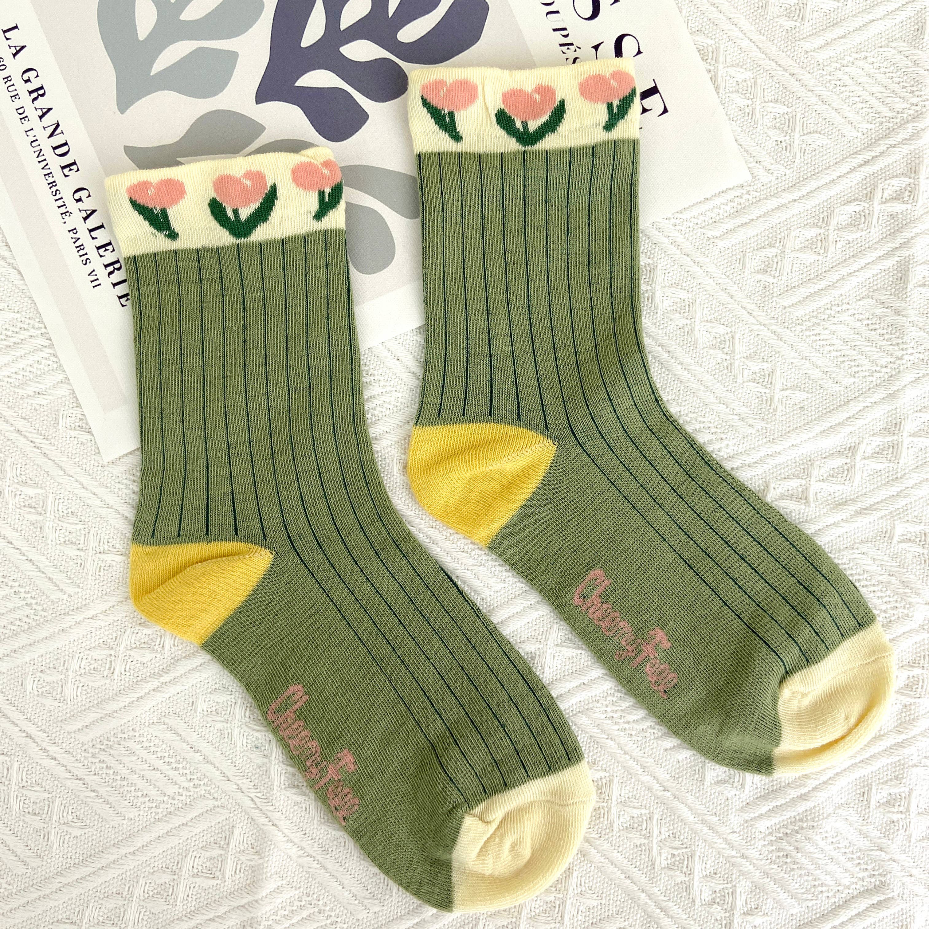 mildstyles - Vente Chaussettes – femme - Chaussettes vintage mi-mollet à motif floral tulipes2