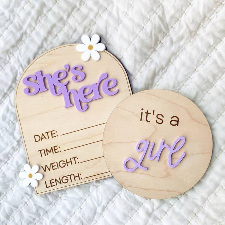 Gender Reveal She's Here Sign for wholesale by Birch and Brooks