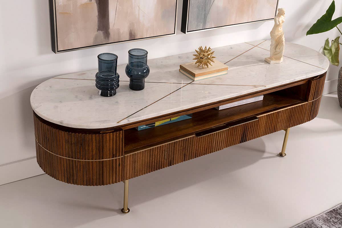 Gdeco - Wholesale Console Table - Natural Wood TV Cabinet And White Marble Top4