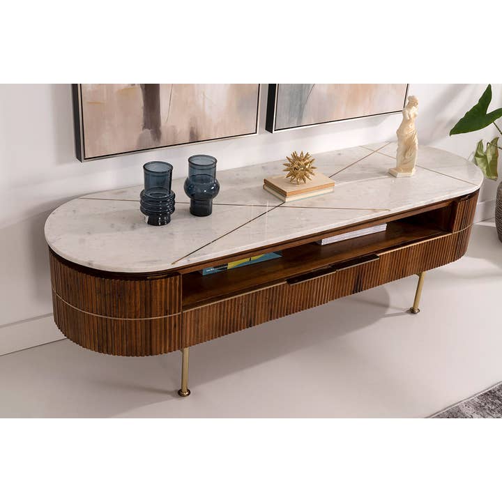 Gdeco - Wholesale Console Table - Natural Wood TV Cabinet And White Marble Top4