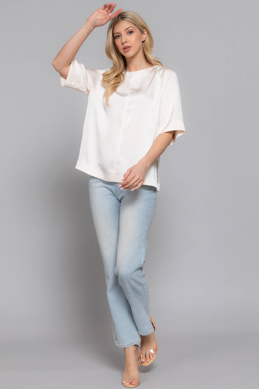 Active Basic | Active USA - Wholesale Blouse - Women's - Raglan Elbow Sleeve Side Slit Back Closure Satin Blouse9