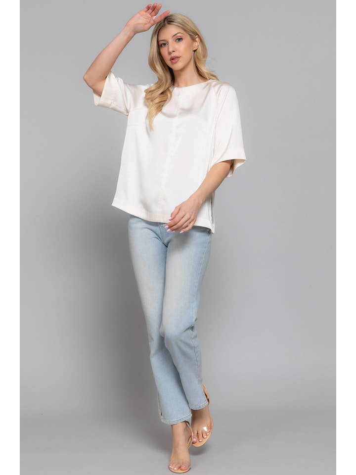 Active Basic | Active USA - Wholesale Blouse – Women’s - Raglan Elbow Sleeve Side Slit Back Closure Satin Blouse9