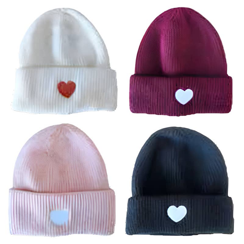 Deluxe Import Trading - Wholesale Beanie - Women's - Heart Embroided Cuffed Beanie Asst Colors0