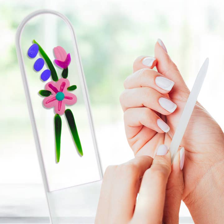 Wild Rose Pink Flower Hand Painted Czech Crystal Nail File for wholesale by Classy Nail Files