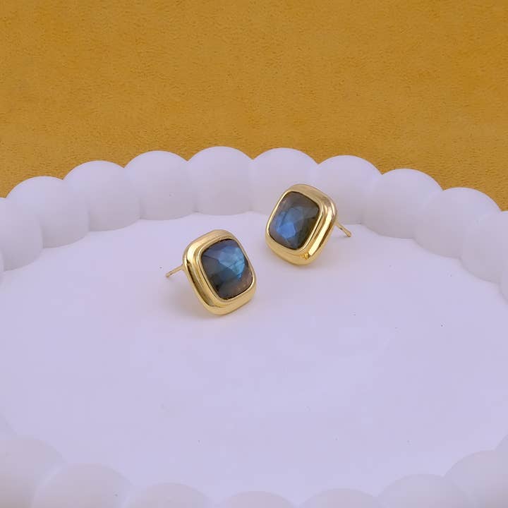 Handmade Labradorite February Birthstone Cushion Shape Studs for wholesale by El Joyero