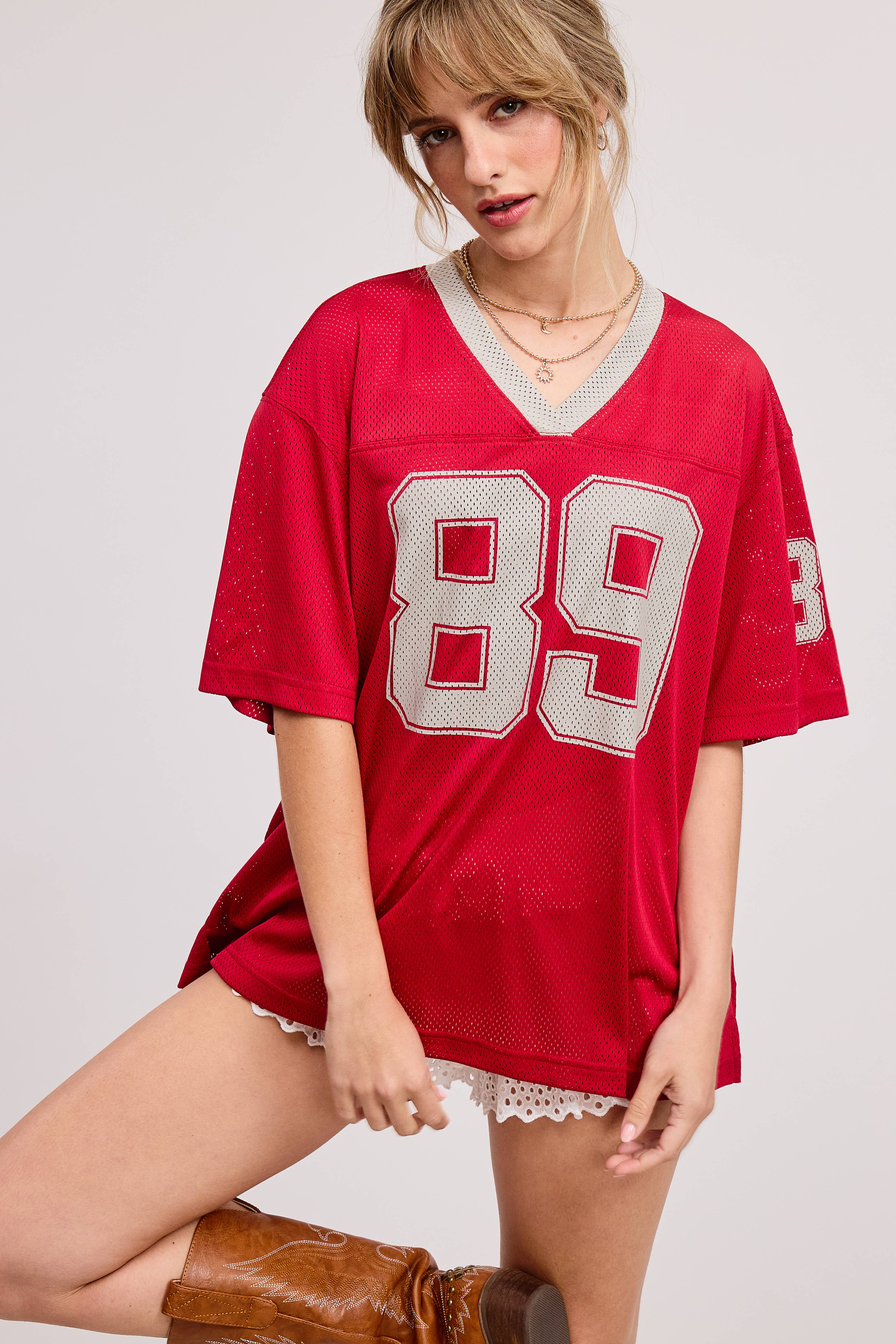 Mimosa - Wholesale T-Shirt - Women's - Sporty V Neck Short Sleeve Jersey Top with 89 Graphic Print14