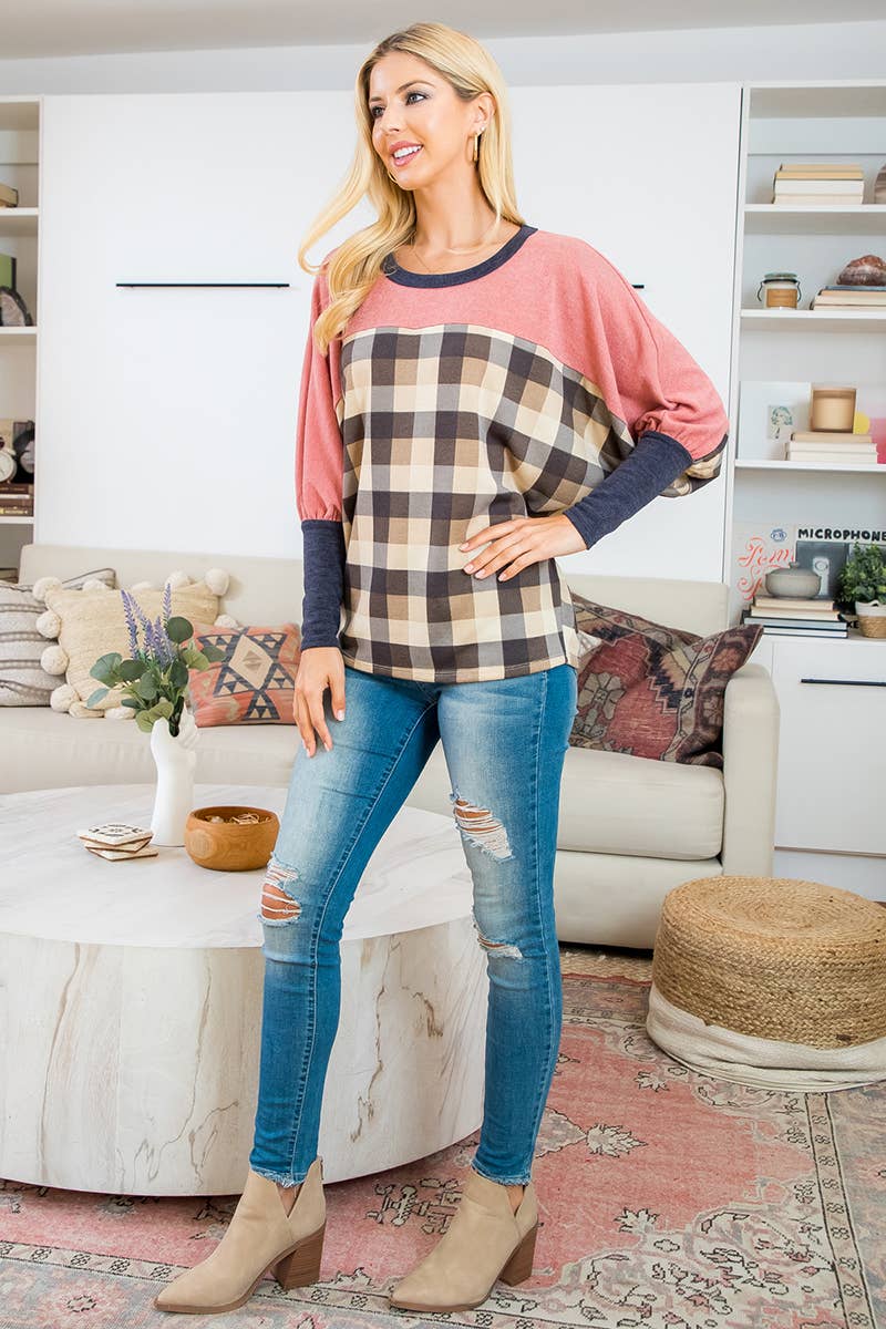 You & Me - Wholesale Blouse - Women's - SALE!!! PPT21075-DOLMAN SLEEVE SOLID CONTRAST PLAID TOP9