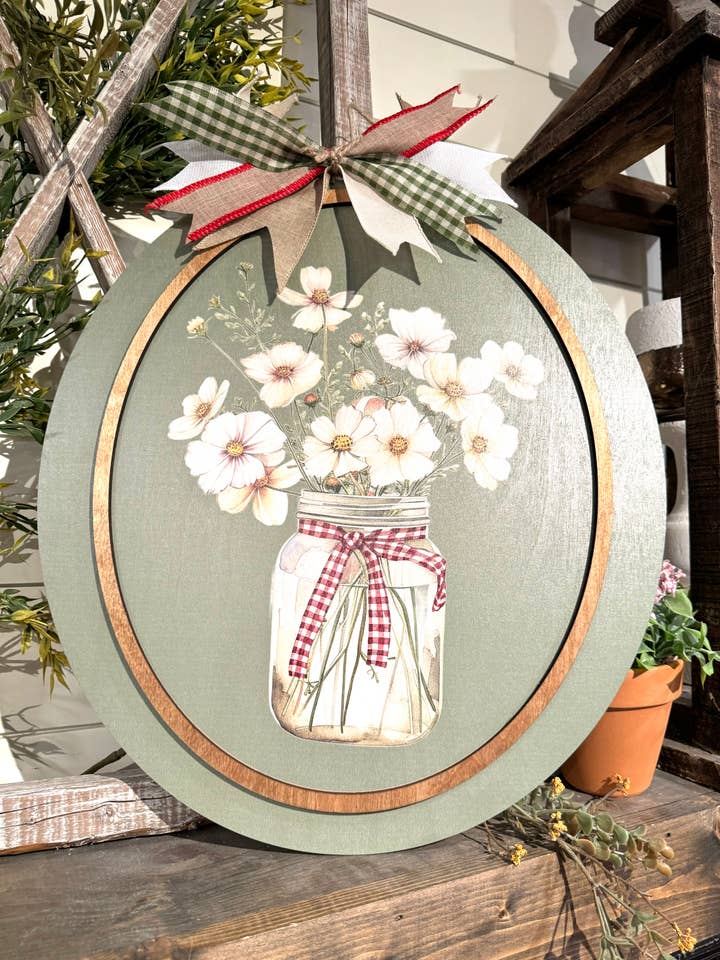 Round Wooden Sign - 18" or 21.65" - Daisies in a Jar (Alt) for wholesale by Whippoorwill Charm