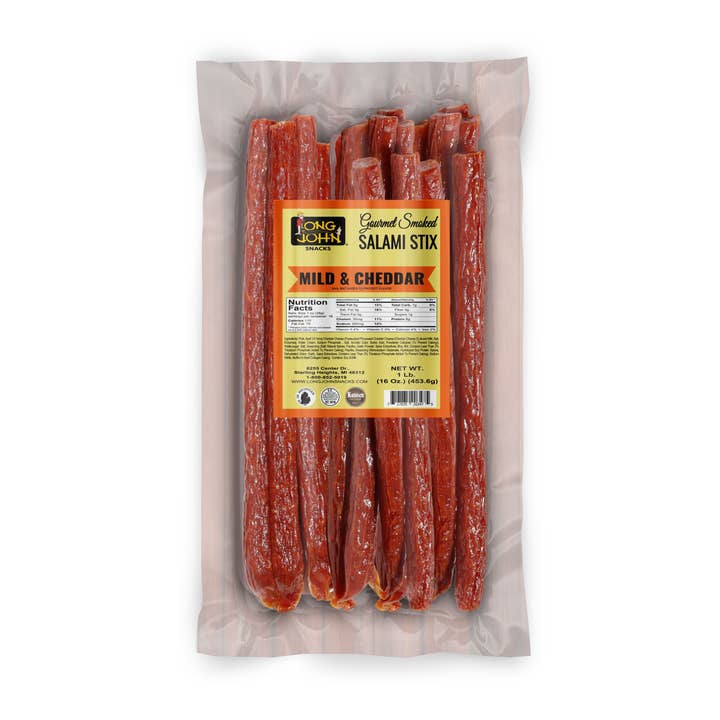 Bâtonnets de salami séchés, doux et cheddar, 1 livre pour la vente par Long John Snacks