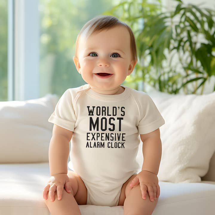 WORLD'S MOST EXPENSIVE ALARM CLOCK BABY ONESIE for wholesale by dkhandmade