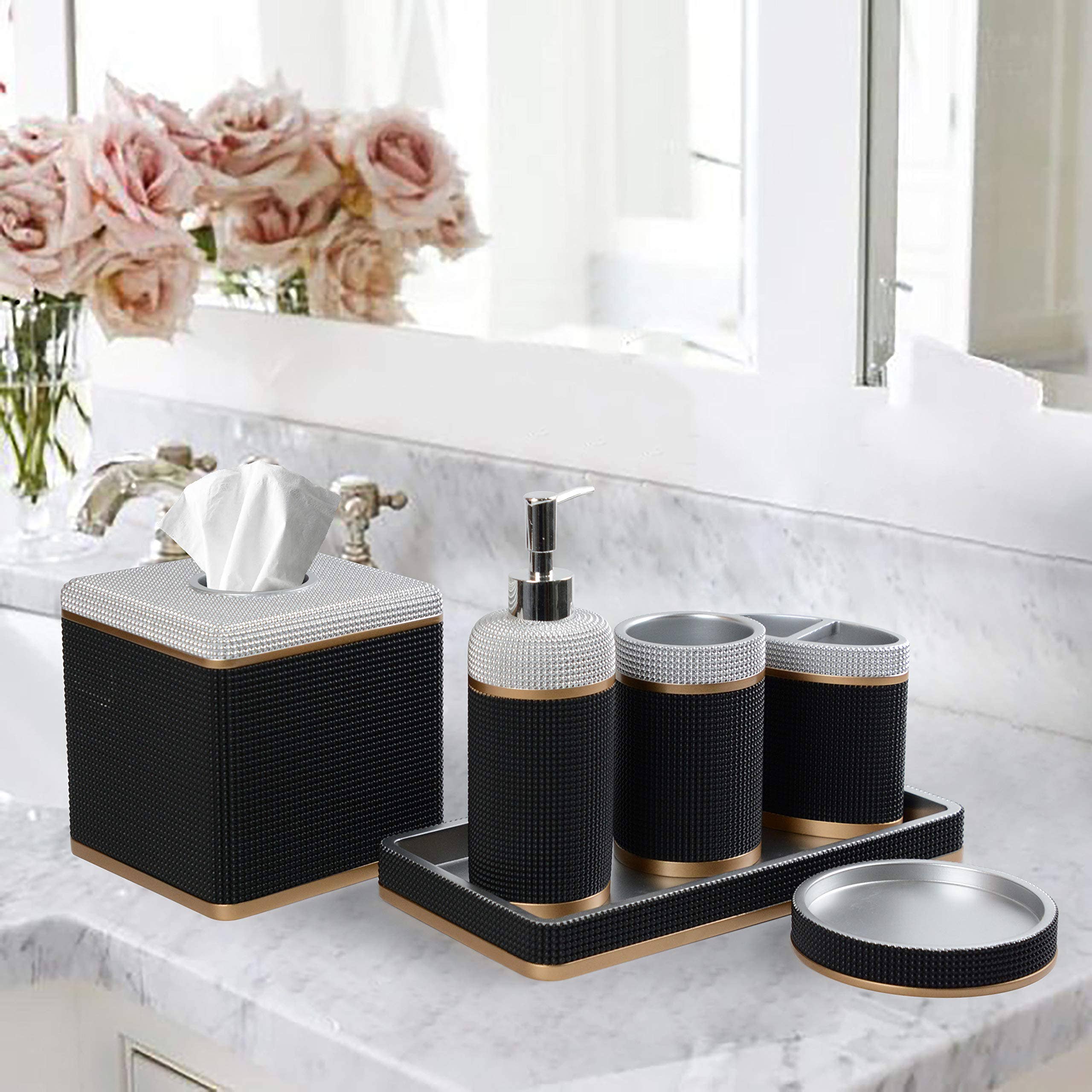 6 Piece Gold Black Poly Resin Bathroom Accessory Set for wholesale on Faire3