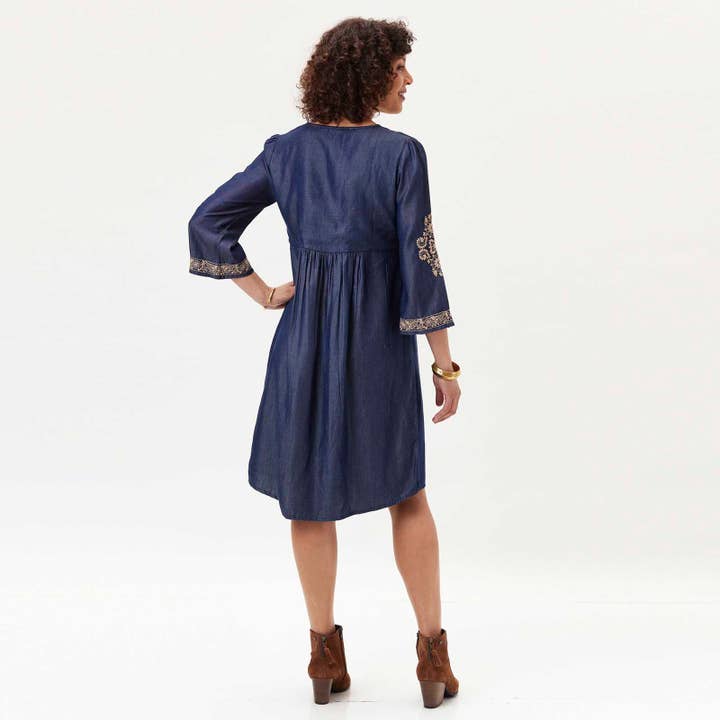 rockflowerpaper - Wholesale Dress - Women's - DENIM TENCEL Dress with Tan Embroidery