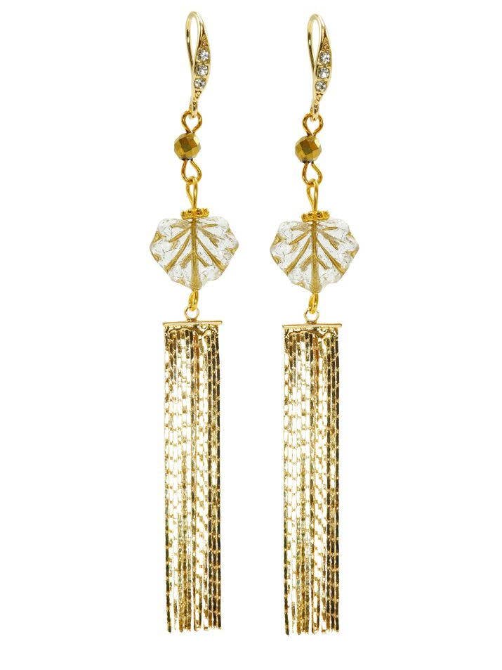 Pendientes con borlas y hojas de arce con piedras preciosas de pirita para venta al por mayor de Rosie Fox