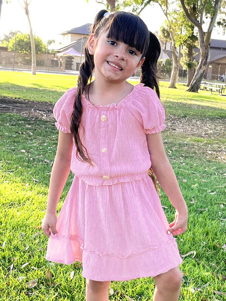 Conjunto de falda de crepé GKSS-Q23-3185B para niña de 2 piezas con manga abullonada para venta al por mayor de Cutie Patootie Clothing