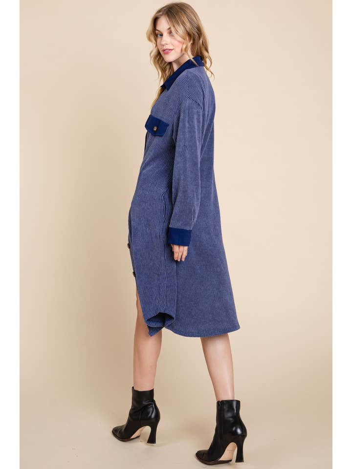 Navy Blue ETK-8869 Solid Urban Rib Long Shacket for wholesale on Faire