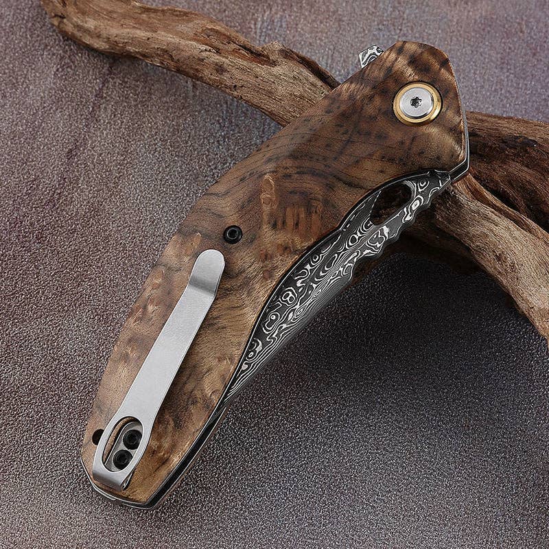 Shokunin USA - Vente Couteau de poche/étui - Couteau de poche Tomahawk Damascus avec manche en bois d'olivier2