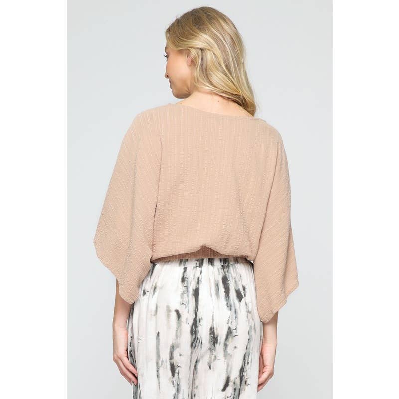 NATURAL KHAKI Cotton Woven Boat Neck Wide Sleeve Top for wholesale on Faire2