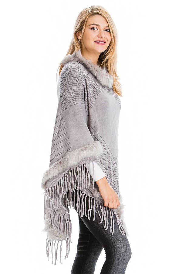 Cap Zone - Wholesale Poncho - Women's - Cable Printed Faux Fur Collar And Trimming Poncho1