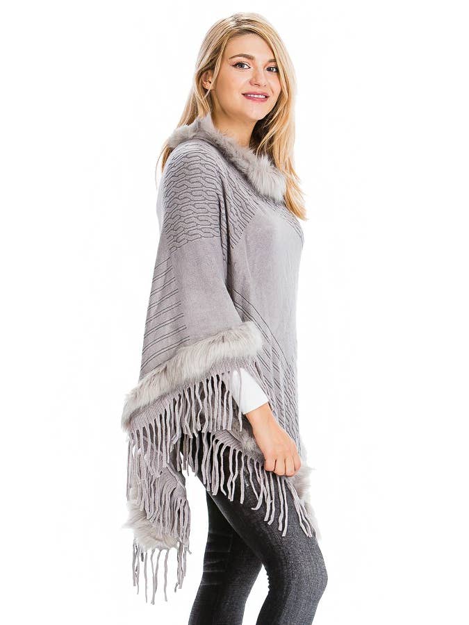 Cap Zone - Wholesale Poncho - Women's - Cable Printed Faux Fur Collar And Trimming Poncho1