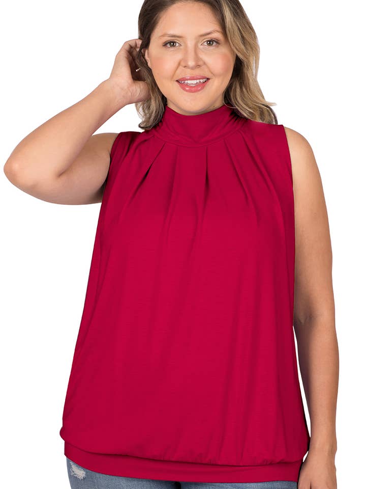 .. SI-15592 PLISSEE-TOP IN ÜBERGRÖSSE MIT STEHKRAGEN UND BUND für den Großhandel von 42POPS