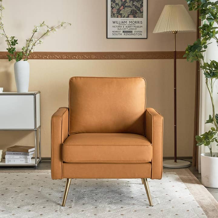 Brown PU Leather Accent Chairs Set Of 2 With Gold Legs for wholesale on Faire8