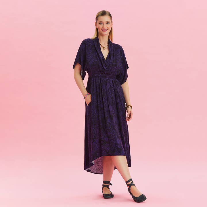 V Neck Gathered Detailed Purple Summer Dress for wholesale by Los Banditos