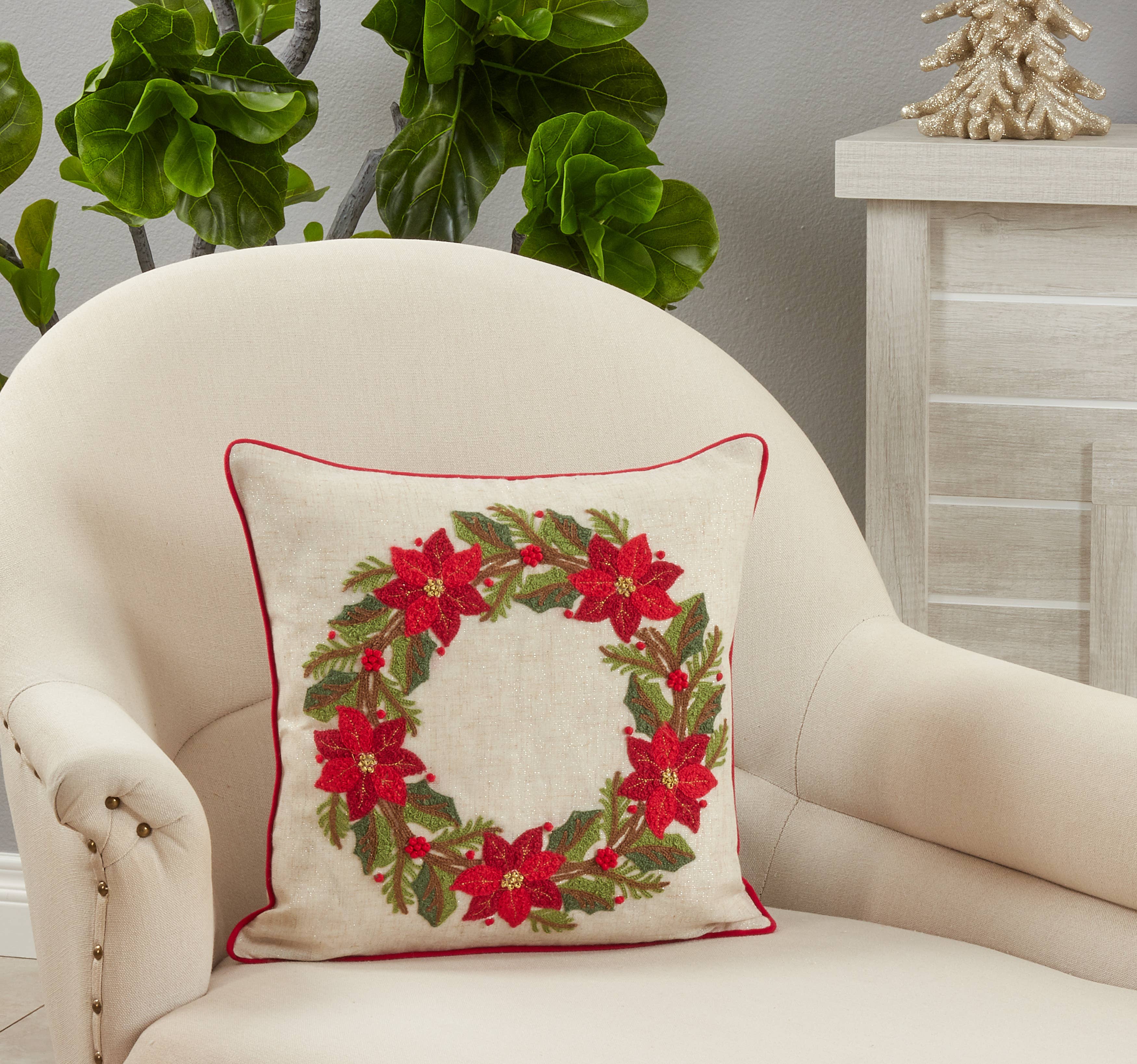 Natural Poinsettia Wreath Design Throw Pillow for wholesale on Faire2