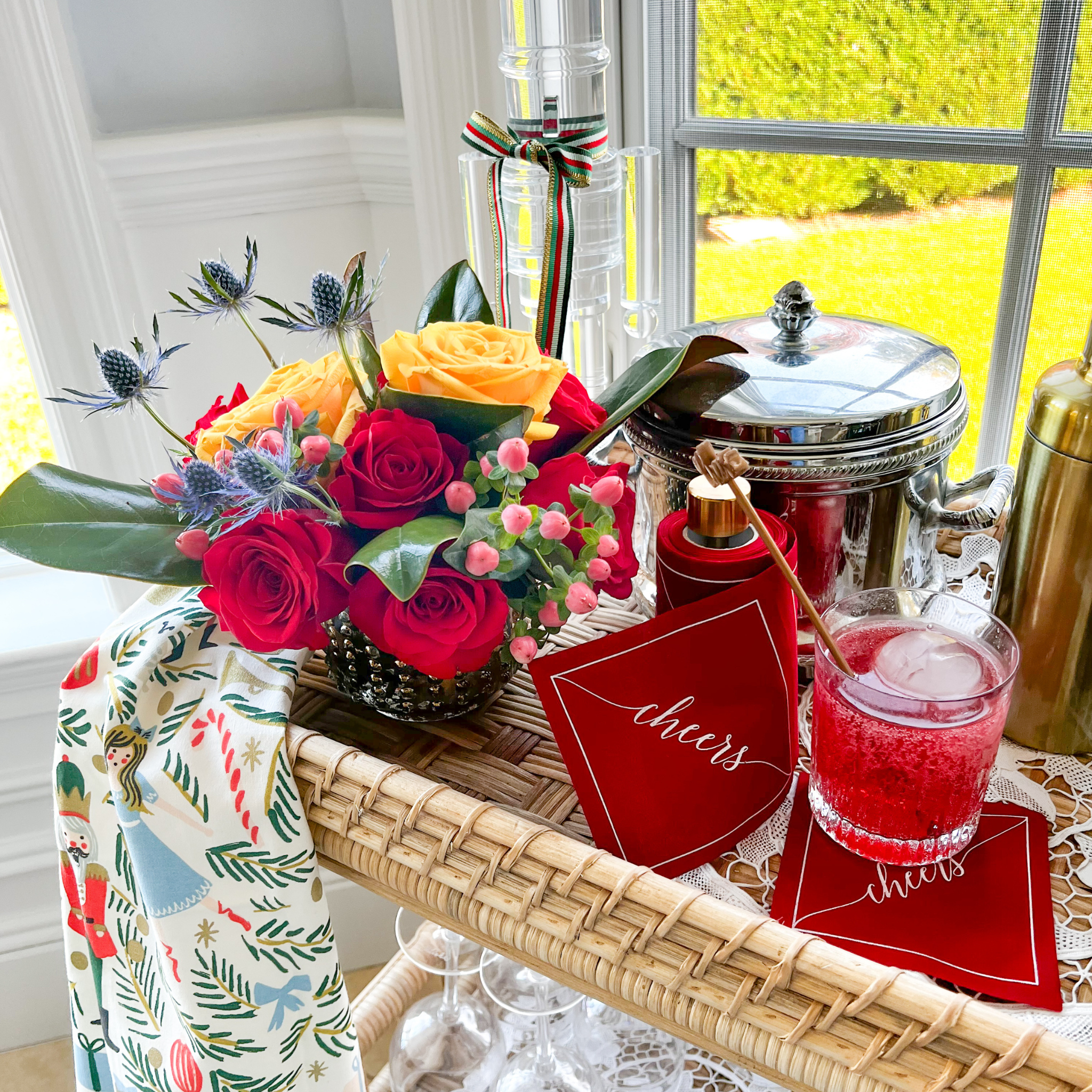 Table Theory (Formerly Toasting with Tara) - Wholesale Disposable Napkin - Cotton Cocktail Napkin Roll: The Red Carpet - White "Cheers"7