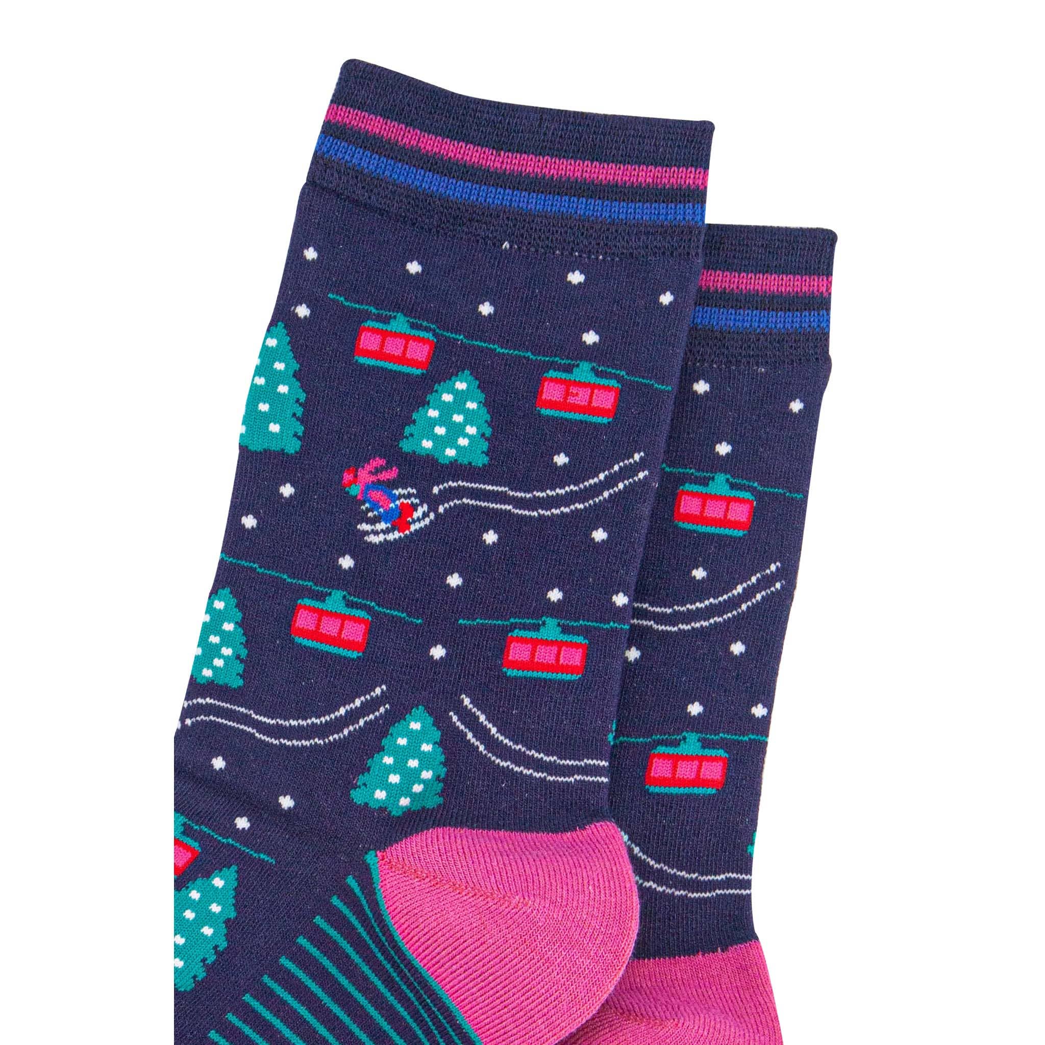 Sock Talk - Wholesale Socks - Women's - Women's Bamboo Socks - Navy Blue/Green, Cable Cars and Trees2