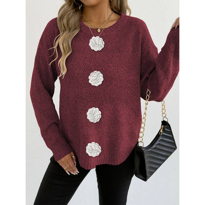 UNISHE – Großhandel Strickpullover – Damen – Lässiger Pullover mit Knopf, Häkelblumen-Dekor OYM24520
