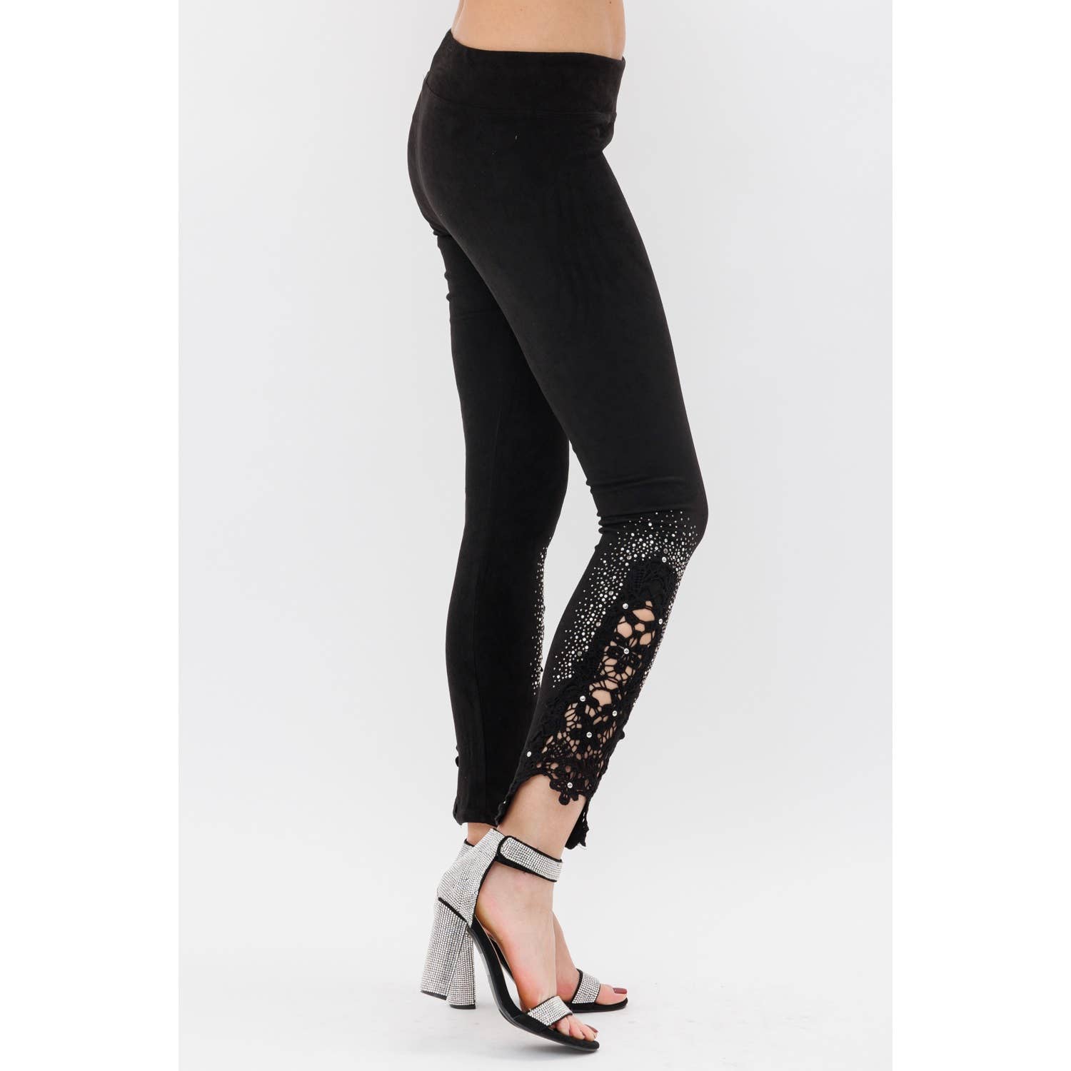 VOCAL - Wholesale Fashion Leggings - Women's - SUEDE LEGGINGS WITH CROCET LACE RHINESTONE1