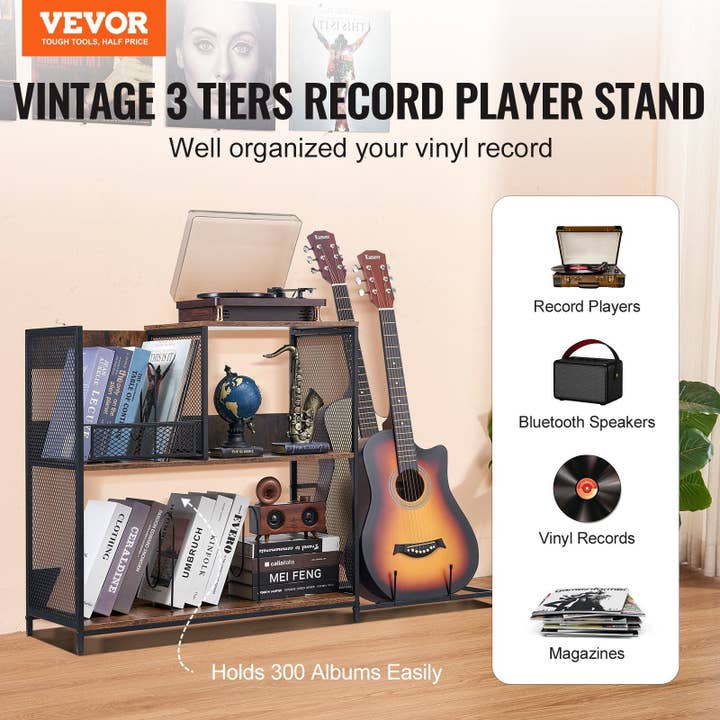 Hard Rock Health Stores - Wholesale Retailer Display Stand/Case - Record Player Stand 3-Tier Metal Turntable Stand with Guitar Store Black1