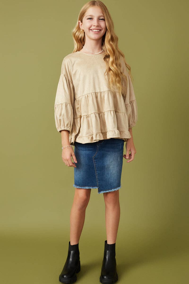 Hayden LA - Vendita all'ingrosso Maglietta - Bambini - Top vegano da ragazza con maniche a sbuffo a strati in pelle scamosciata2