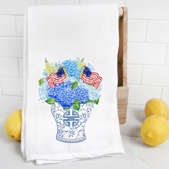 Chinoiserie Hydrangea Ginger Jar Tea Towel for wholesale by The Preppy Pineapple Home