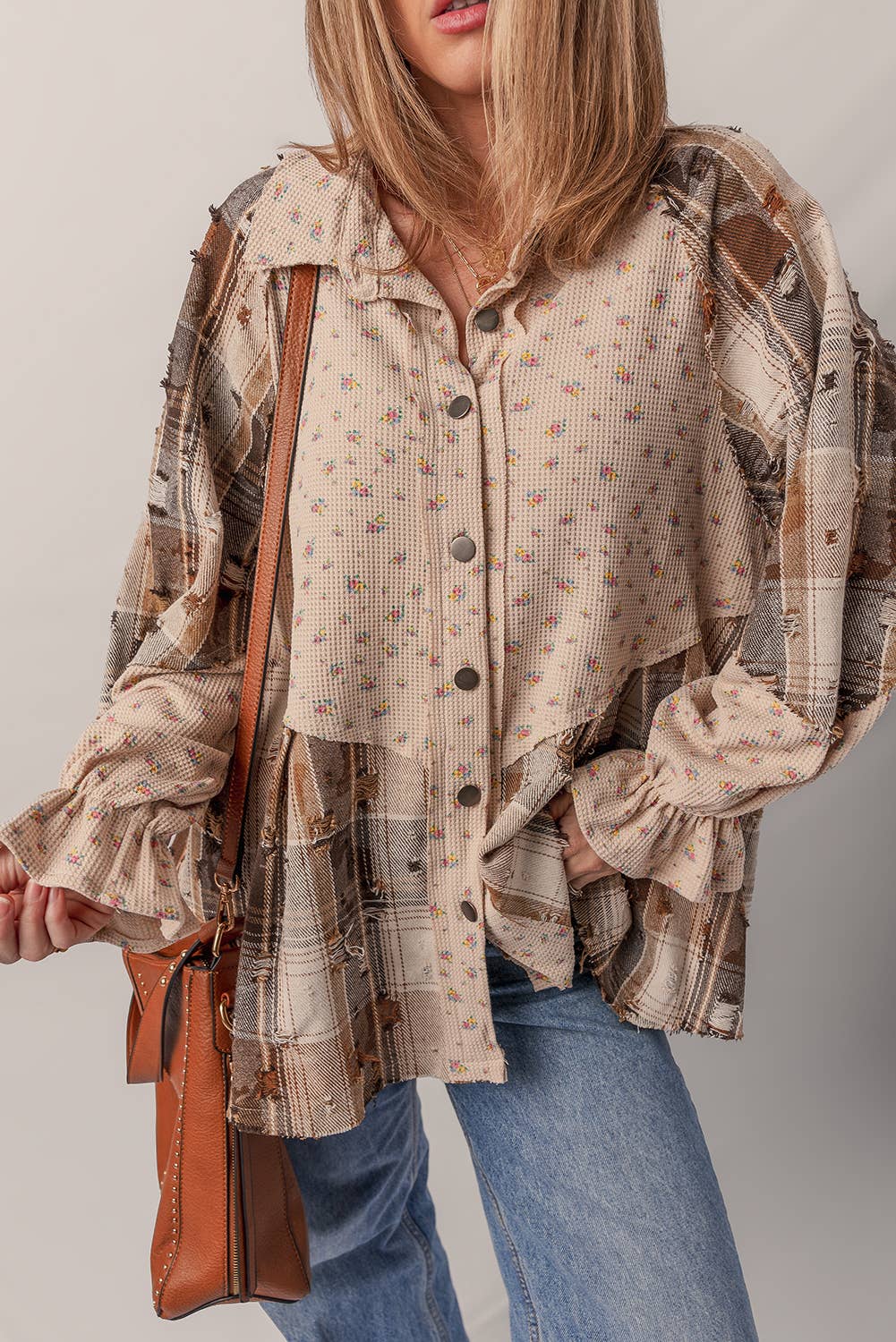 1 the Woman - Wholesale Shirt Jacket/Shacket - Women's - Distressed Detail Ruffled Sleeve Waffle Knit Shacket3