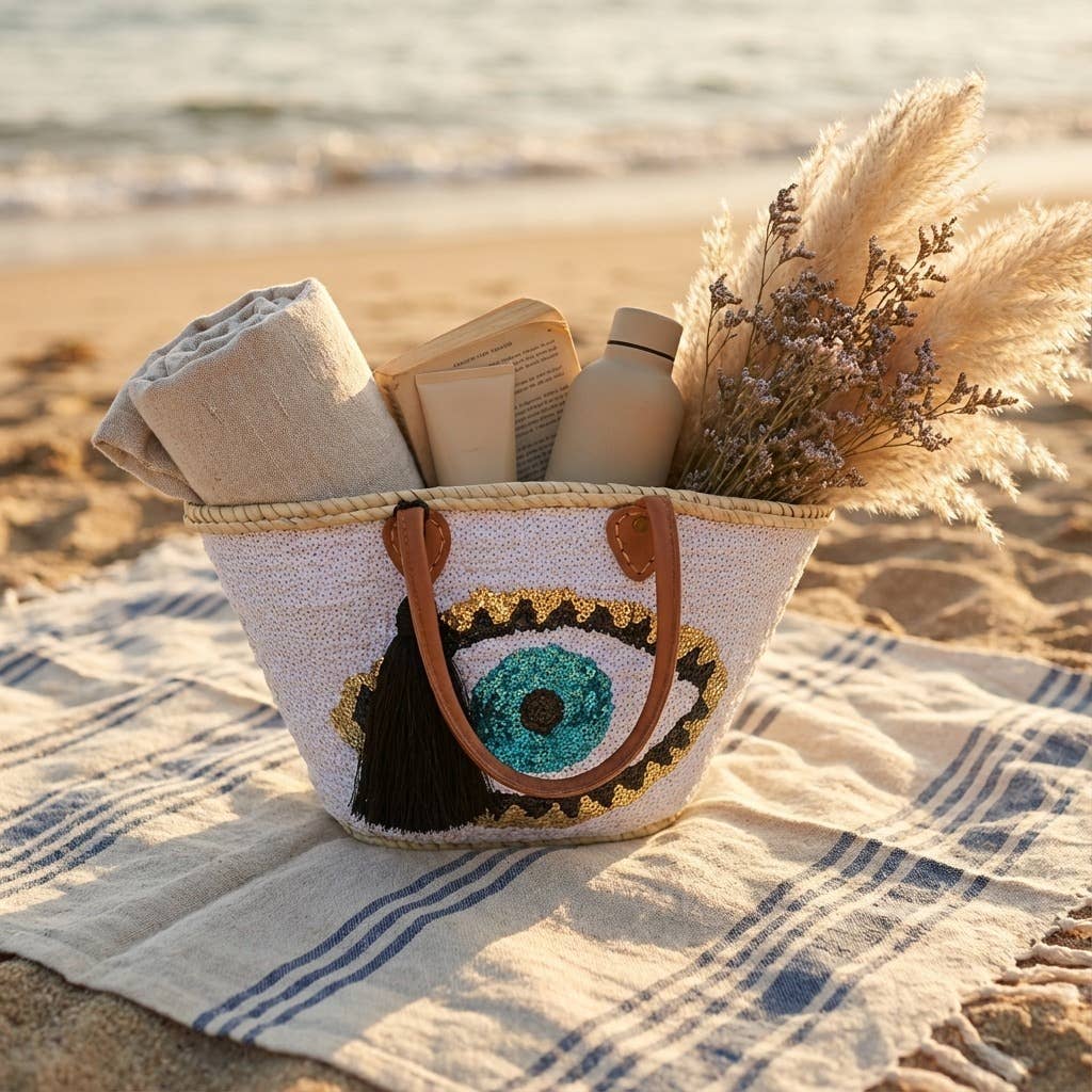 Melecraft - Vente Sac de plage - Sac fourre-tout en paille à sequins œil maléfique - Noir bohème plage11