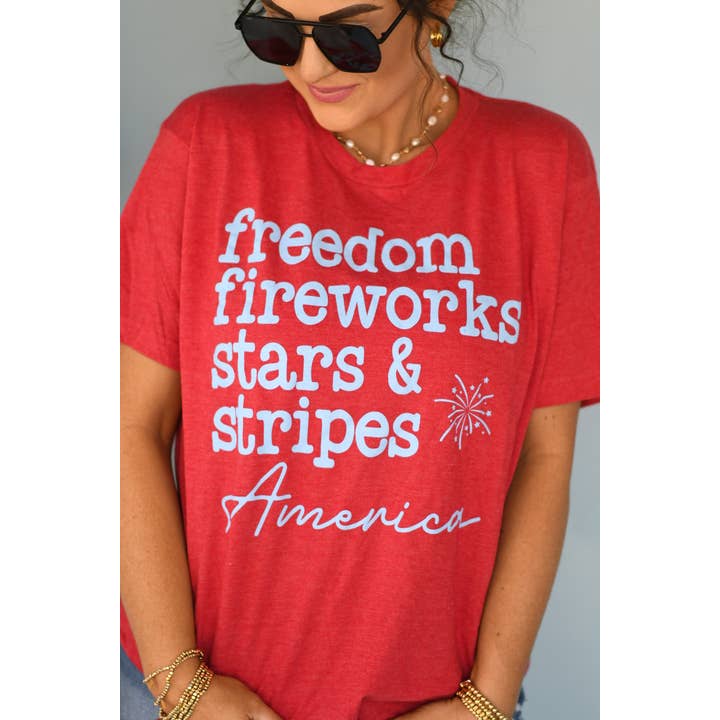 Heather Red RTS Freedom Fireworks Stars & Stripes Tee for wholesale on Faire