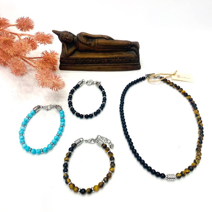 Atisha Spiritual Shop - Wholesale Beaded bracelet - SIDDHI ~ Unisex bicolor bracelet in NATURAL HARD STONE + stainless steel6